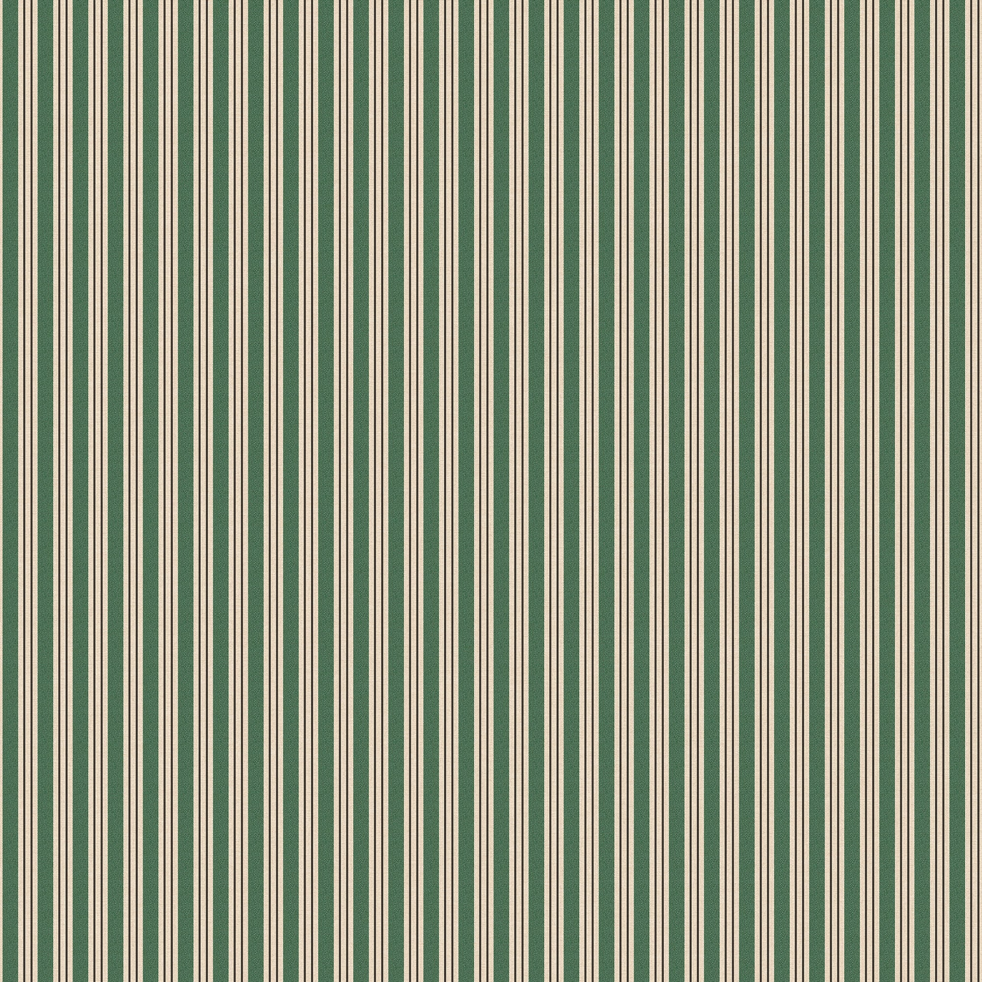 Linn wallpaper by Sandberg, flat swatch of fine vertical pinstripes in forest green on a cream ground