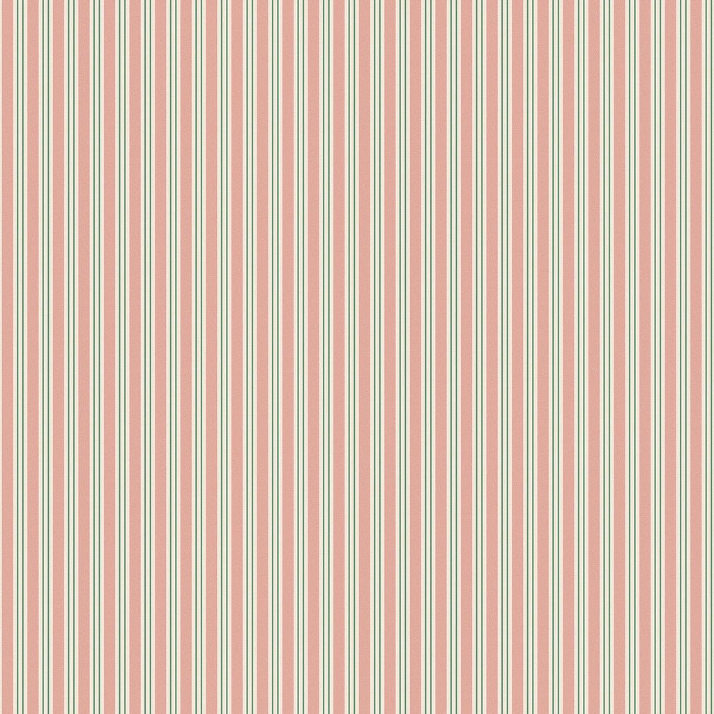 Linn wallpaper by Sandberg, flat swatch of narrow vertical stripes in dusty pink and green on cream
