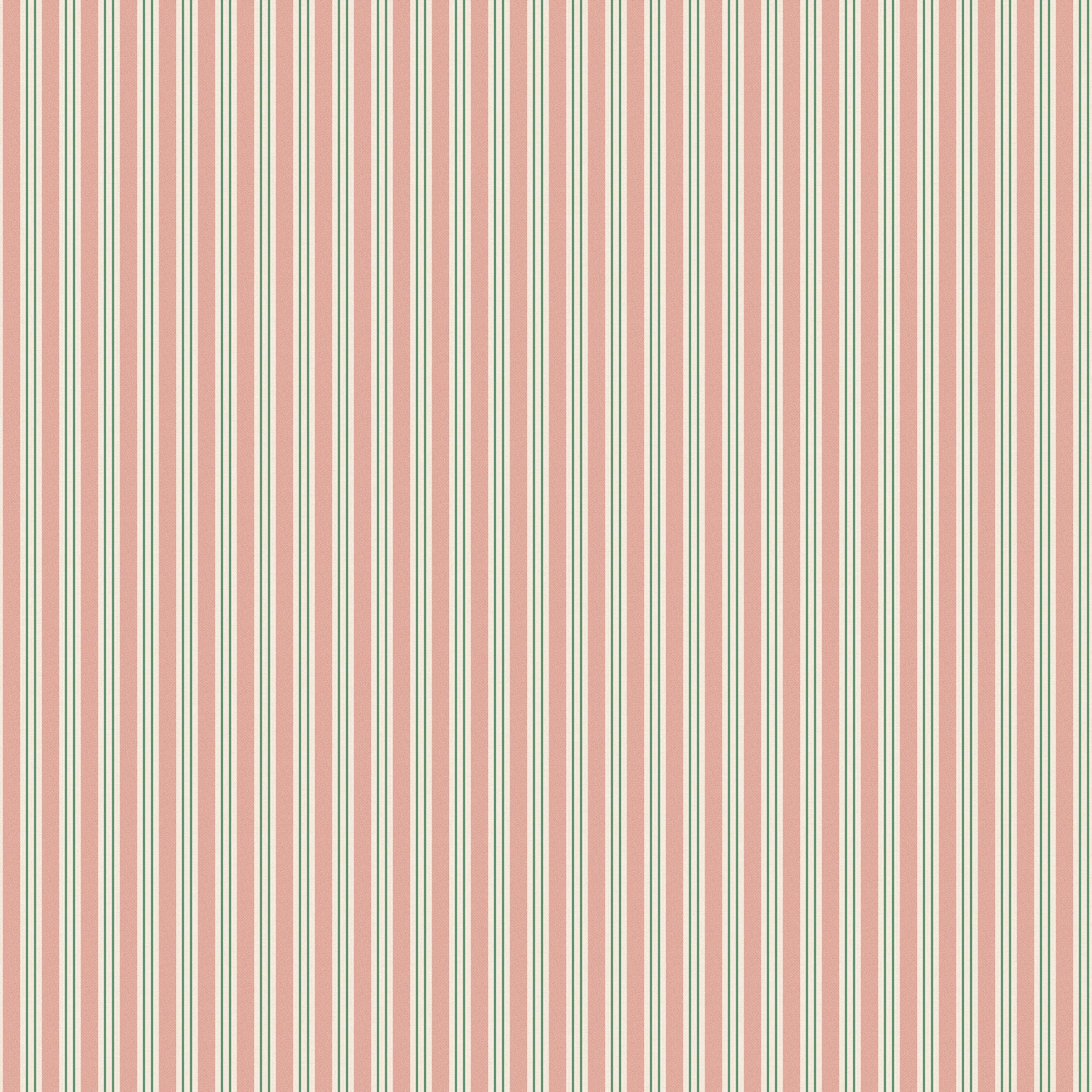 Linn wallpaper by Sandberg, flat swatch of narrow vertical stripes in dusty pink and green on cream