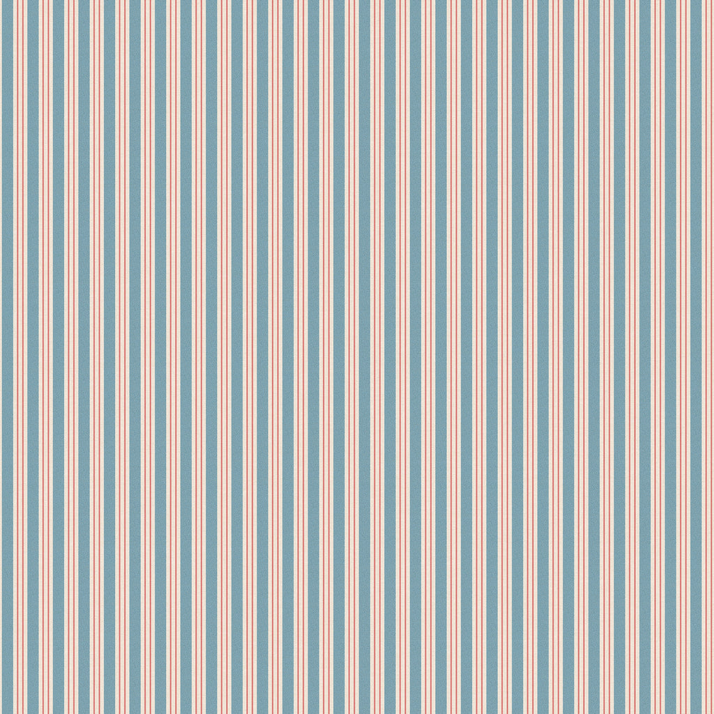 Linn wallpaper by Sandberg, flat swatch of fine vertical stripes in blue, pink and cream