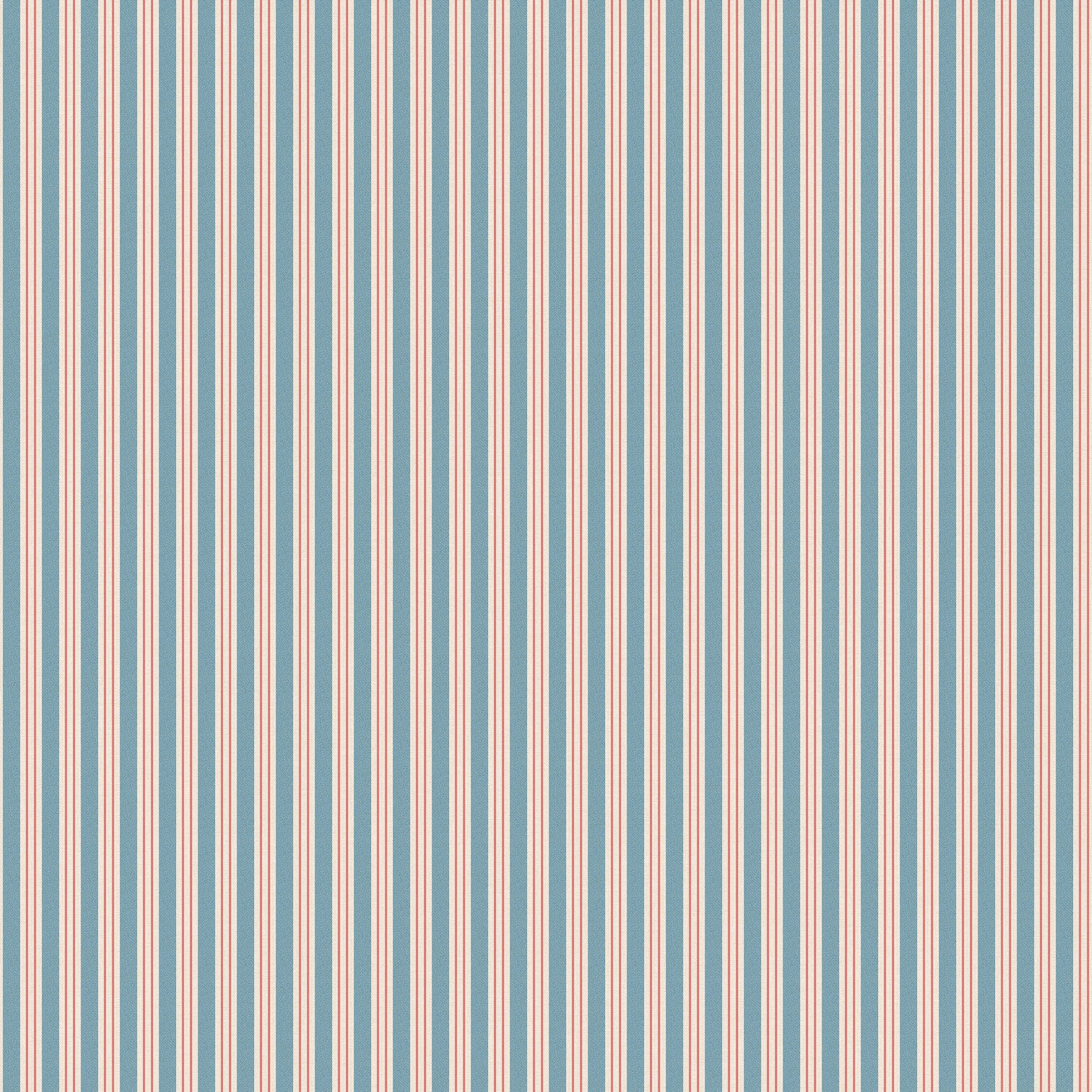 Linn wallpaper by Sandberg, flat swatch of fine vertical stripes in blue, pink and cream