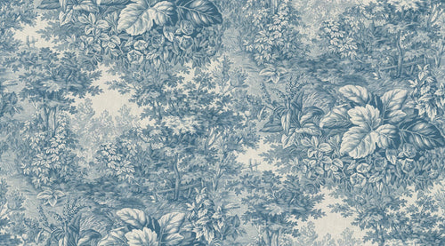 Forest Toile wall mural by Sandberg, flat panel of a wooded toile scene with trees and foliage in blue on cream