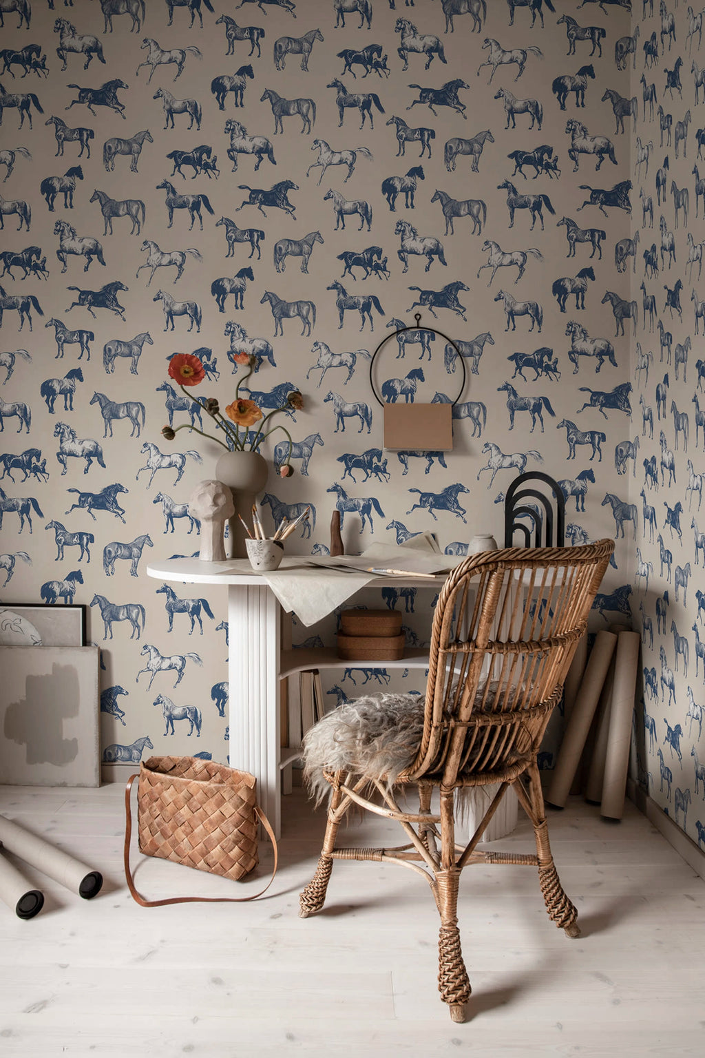 Colette wallpaper by Sandberg – animals design, Blue – styled in a room setting