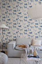 Colette wallpaper by Sandberg – animals design, Blue – styled in a room setting, view 3