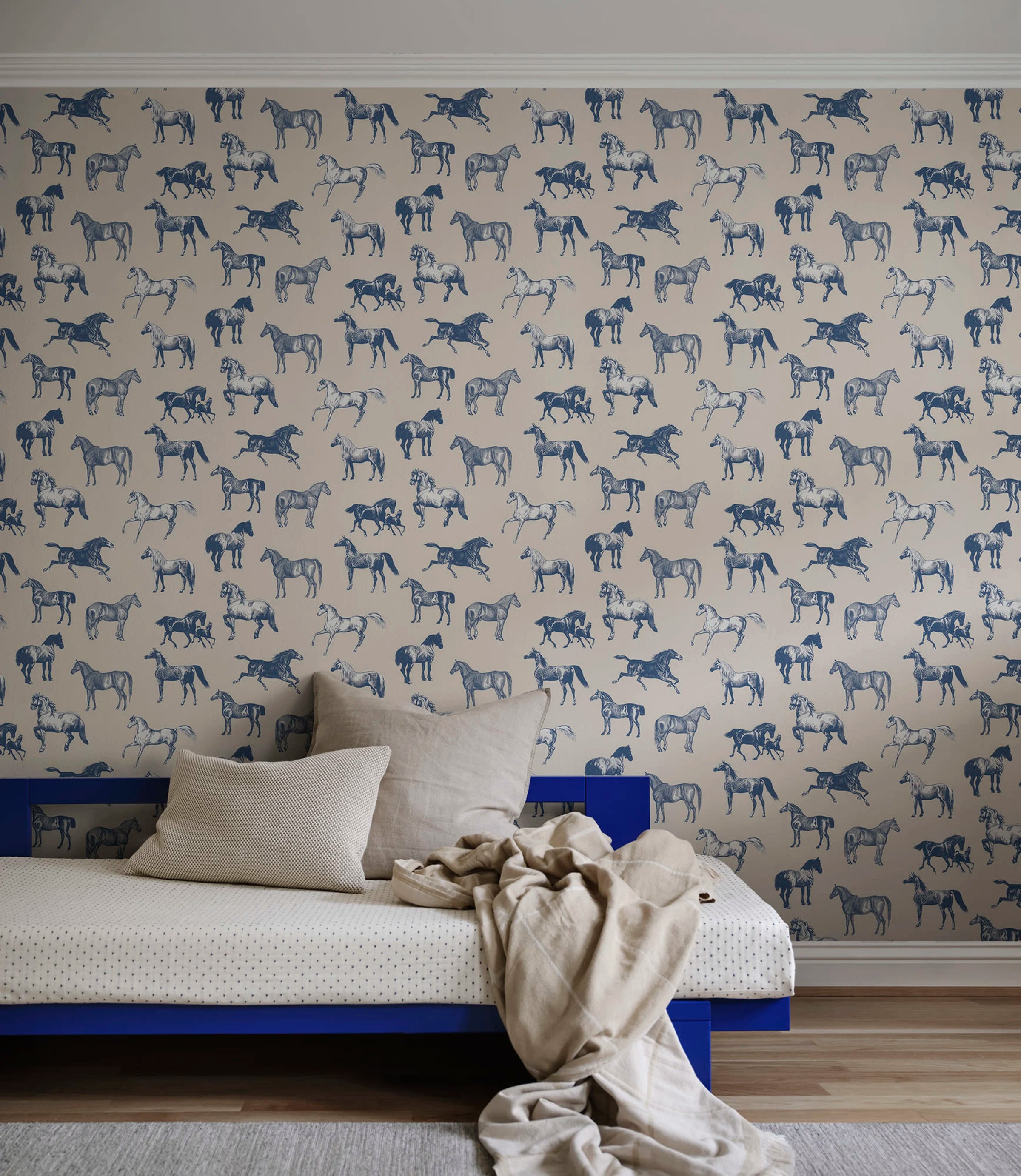 Colette wallpaper by Sandberg – animals design, Blue – styled in a room setting, view 4