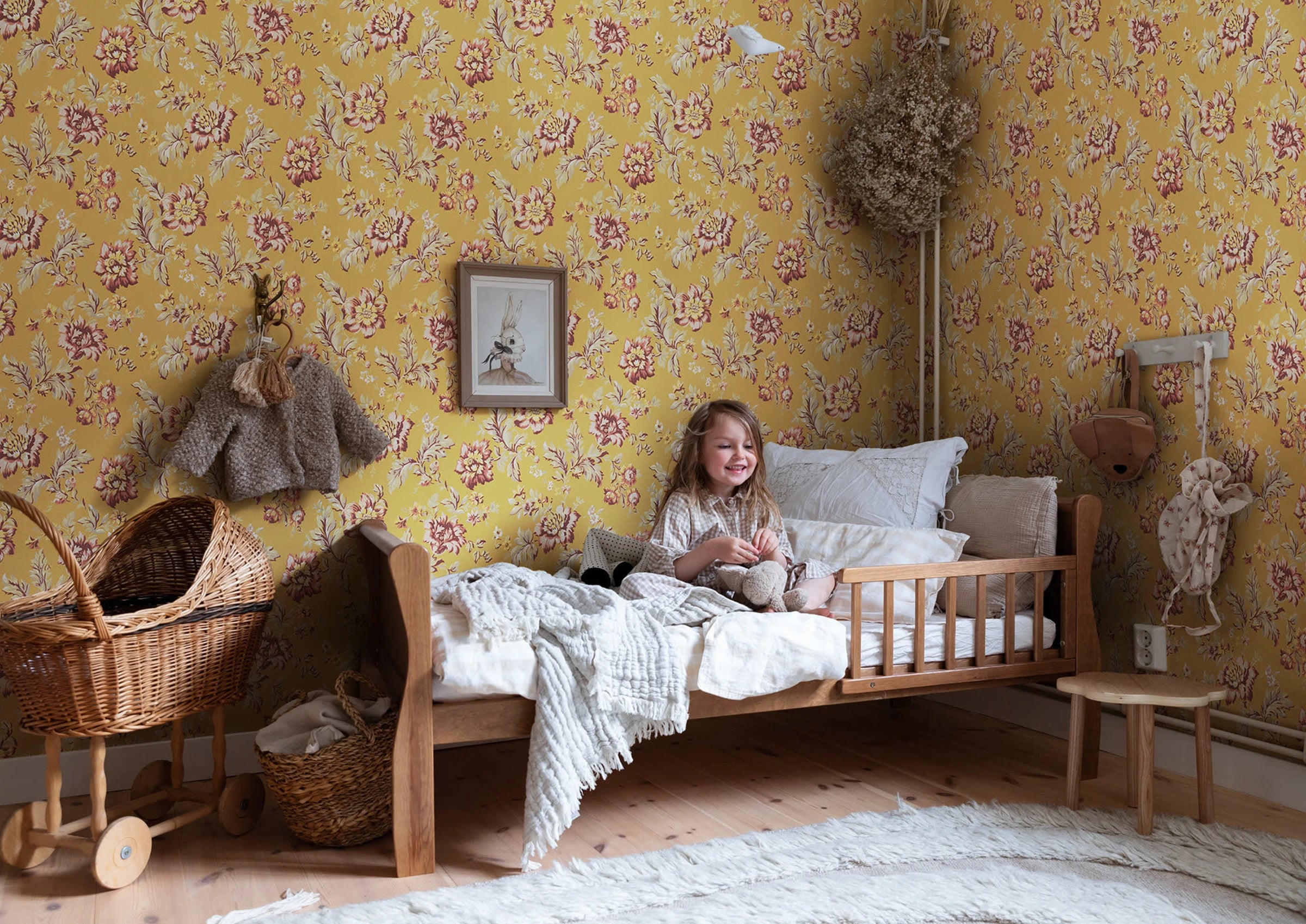 Rosenholm wallpaper by Sandberg – floral design, Yellow, styled in a second room setting