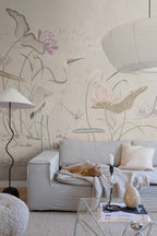 Seabirds wallpaper by Sandberg – chinoiserie design, Beige – Sandstone