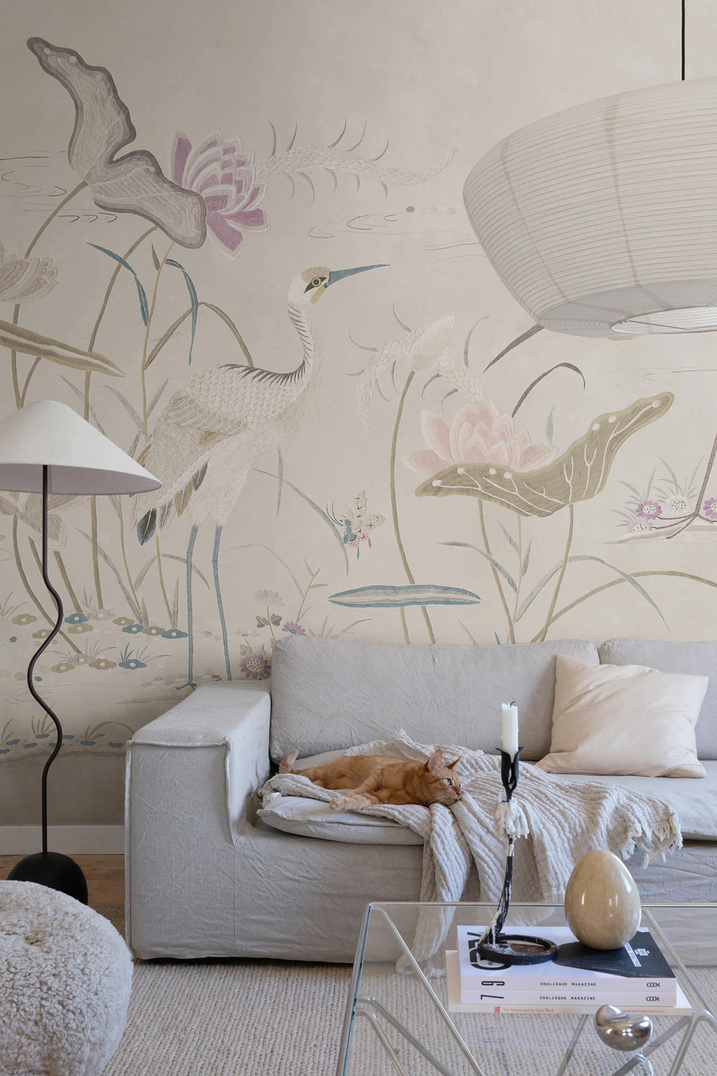 Seabirds wallpaper by Sandberg – chinoiserie design, Beige – Sandstone