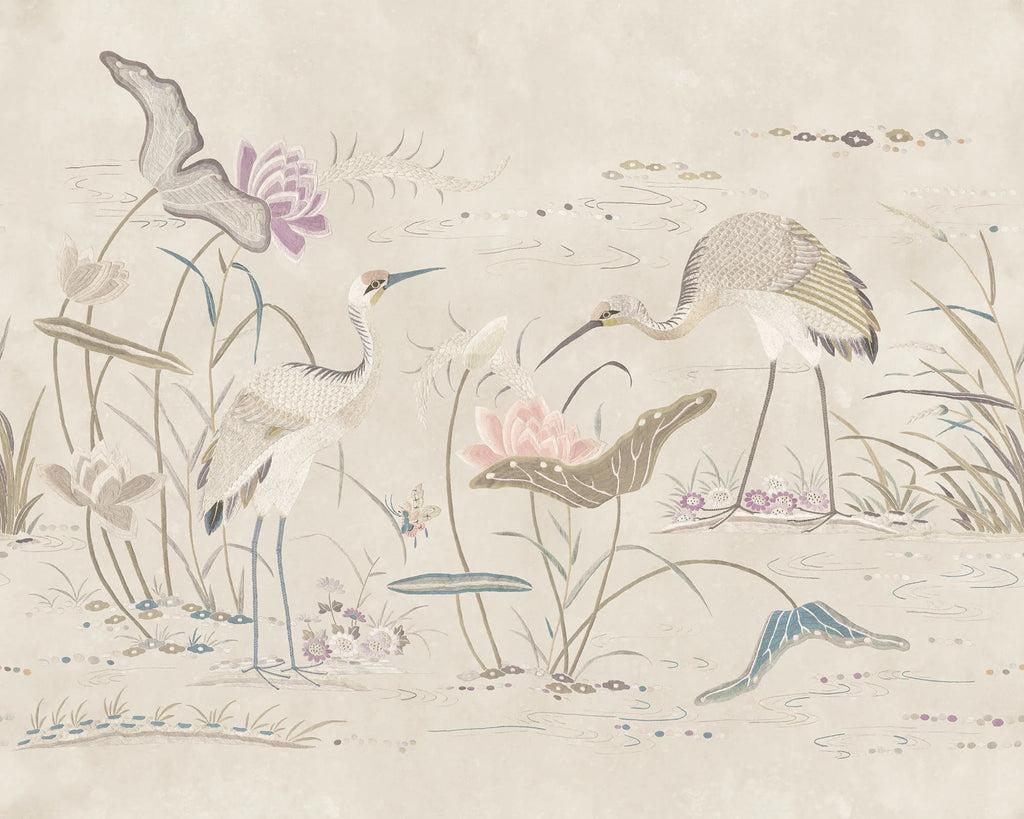 Seabirds wallpaper by Sandberg – chinoiserie design, Beige – Sandstone