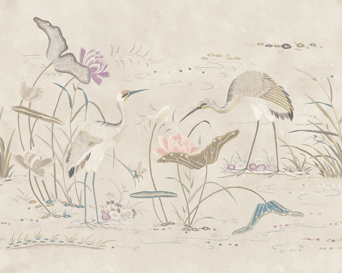 Seabirds wallpaper by Sandberg – chinoiserie design, Beige – Sandstone