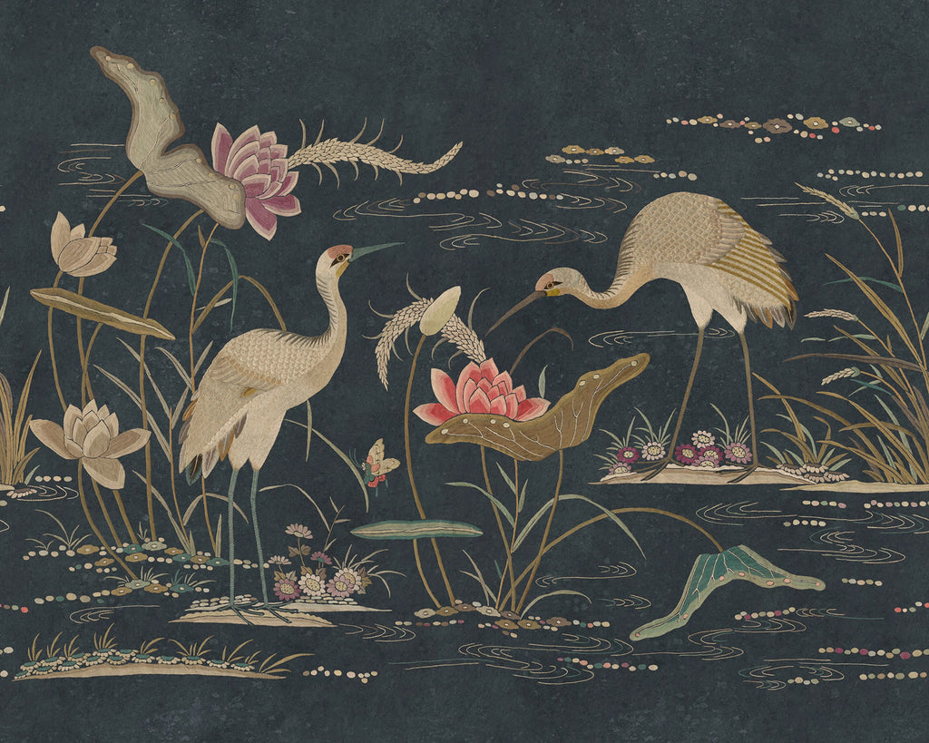 Seabirds wallpaper by Sandberg – chinoiserie design, Blue – Dark Blue