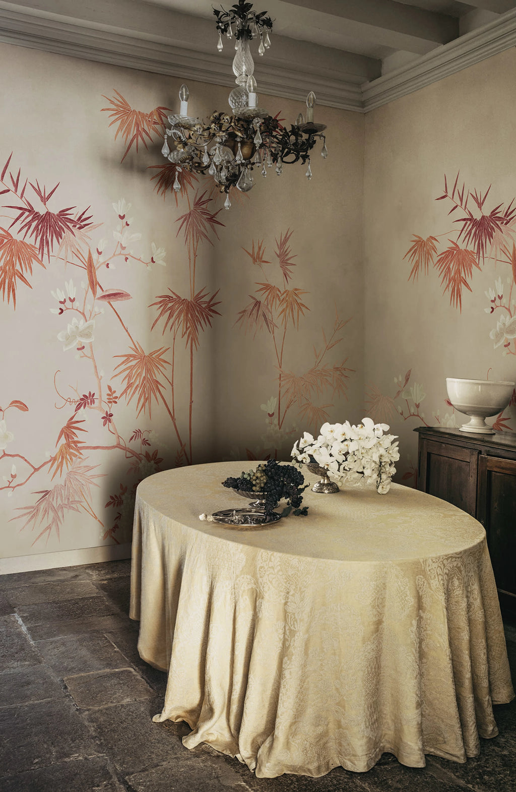Bamboo Grove wallpaper by Sandberg – chinoiserie design, Beige – Clay – styled in a room setting