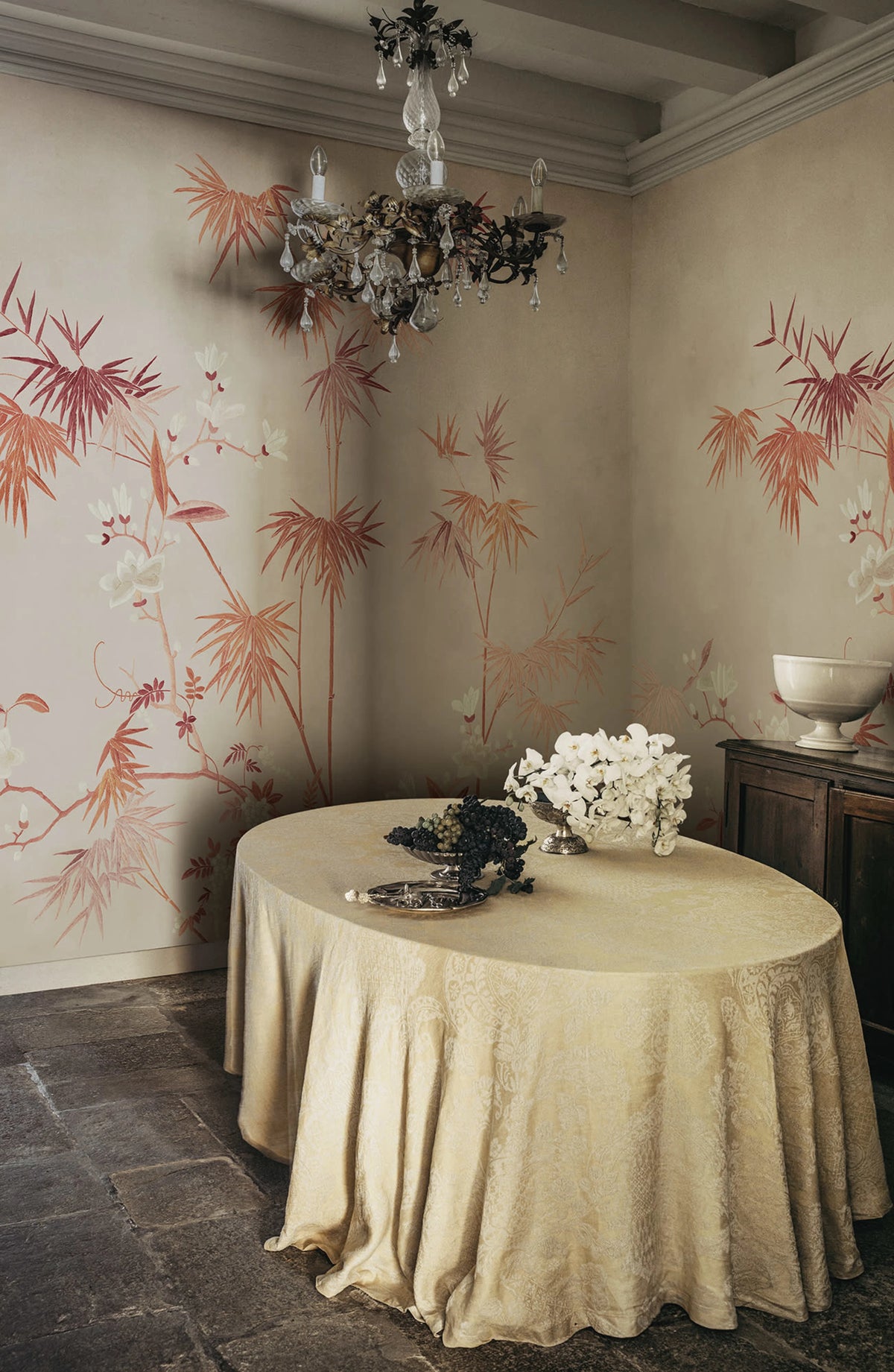 Bamboo Grove wallpaper by Sandberg – chinoiserie design, Beige – Clay – styled in a room setting