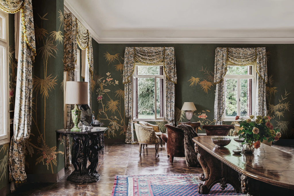 Bamboo Grove wallpaper by Sandberg – chinoiserie design, Brown – Dark – styled in a room setting, view 5
