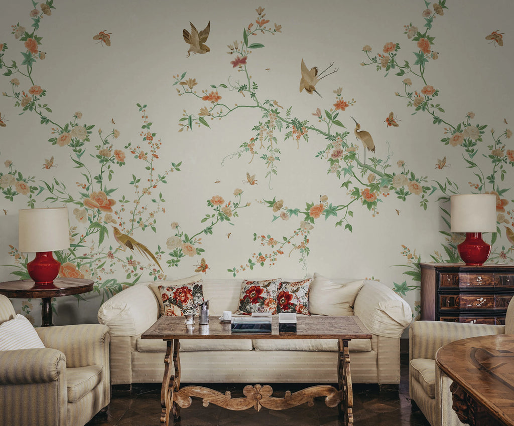 Bloom wallpaper by Sandberg – chinoiserie design, Green – Spring Green – styled in a room setting, view 12