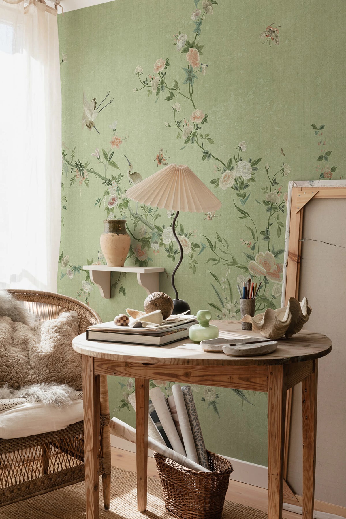 Bloom wallpaper by Sandberg – chinoiserie design, Green – styled in a room setting, view 6