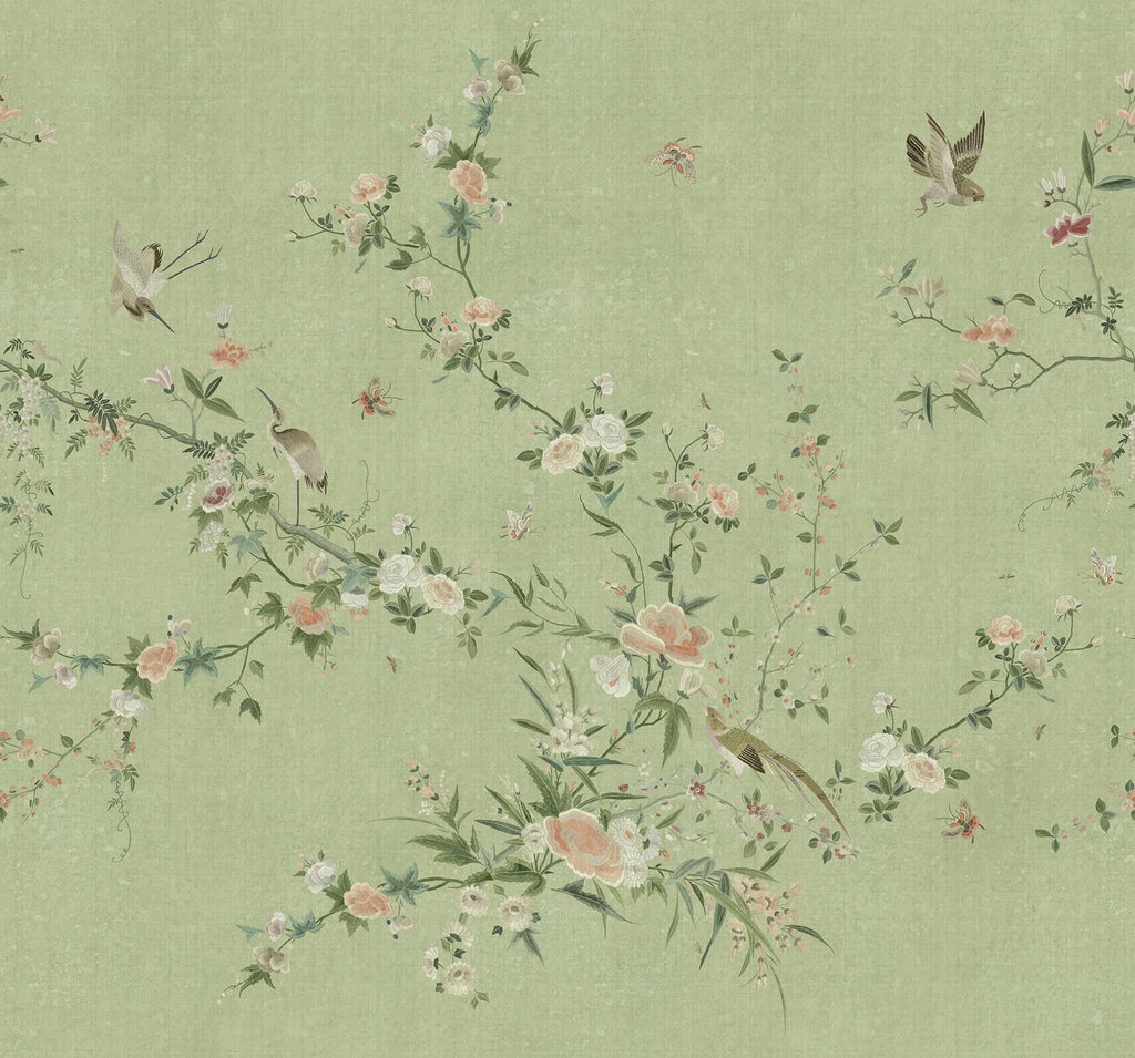 Bloom wallpaper by Sandberg – chinoiserie design, Green – flat swatch showing the repeat, view 2