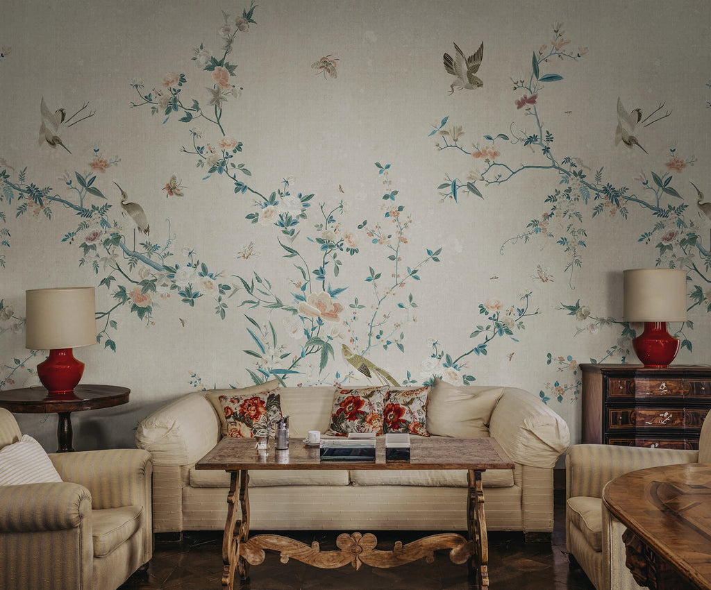 Bloom wallpaper by Sandberg – chinoiserie design, Grey – styled in a room setting