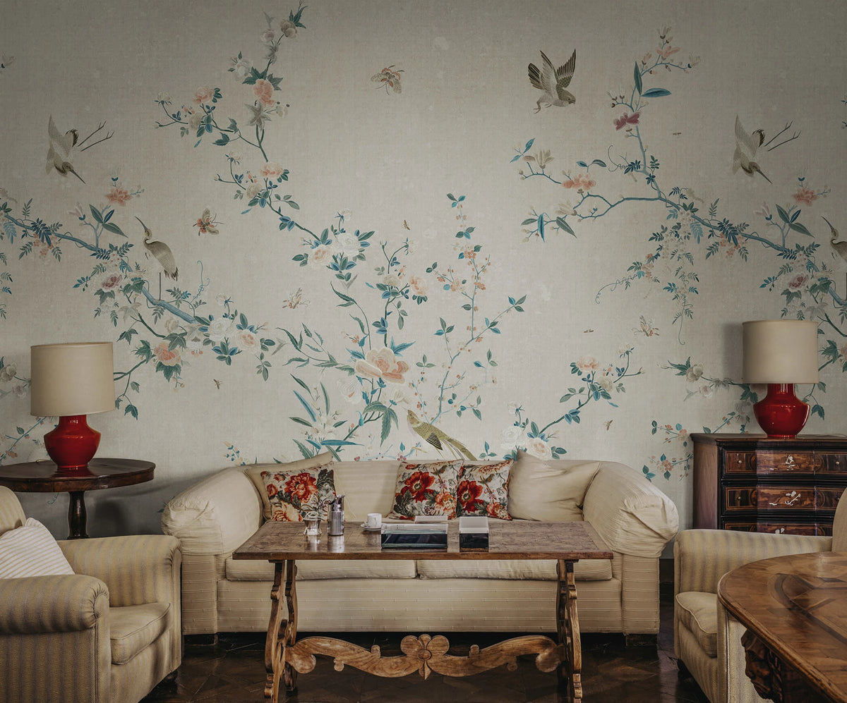 Bloom wallpaper by Sandberg – chinoiserie design, Grey – styled in a room setting