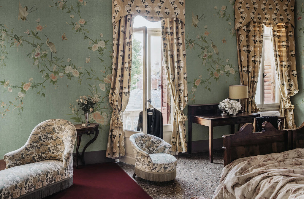 Bloom wallpaper by Sandberg – chinoiserie design, Teal – styled in a room setting, view 15