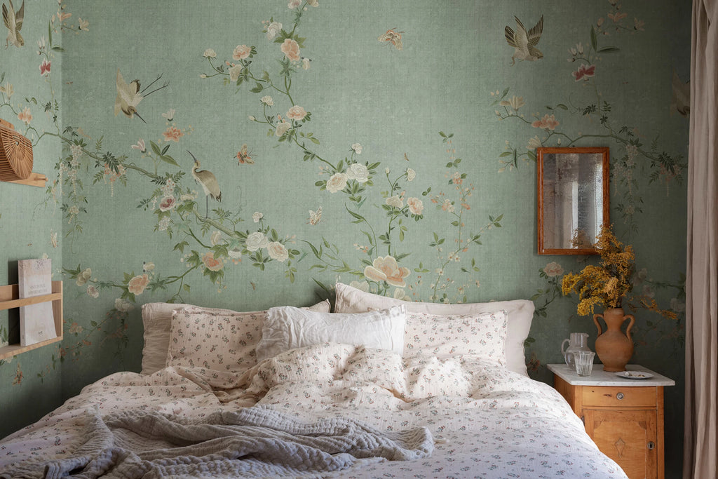 Bloom wallpaper by Sandberg – chinoiserie design, Teal – styled in a room setting, view 17