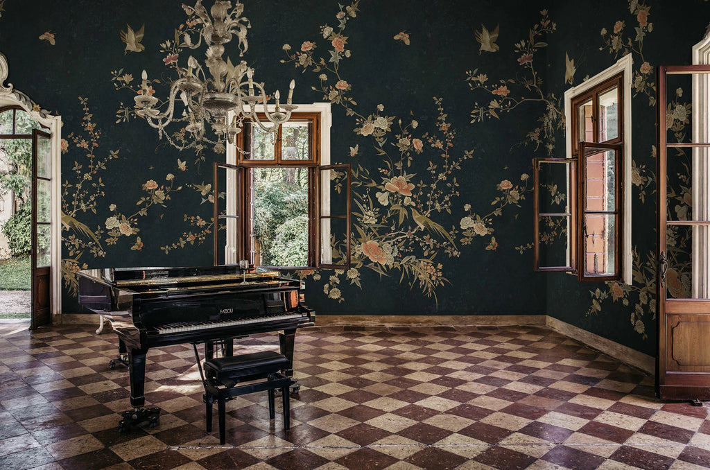 Bloom wallpaper by Sandberg – chinoiserie design, Blue – Midnight Blue – styled in a room setting, view 7