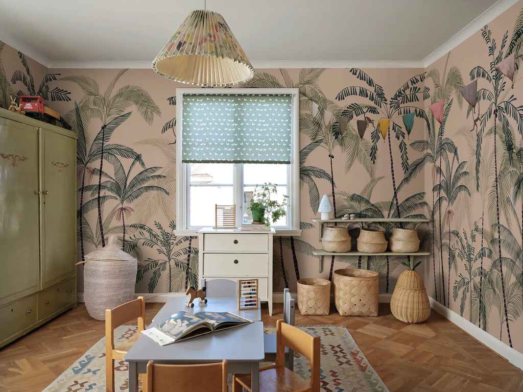 Louie wall mural by Sandberg – tropical design, Pink – styled in a room setting, view 9