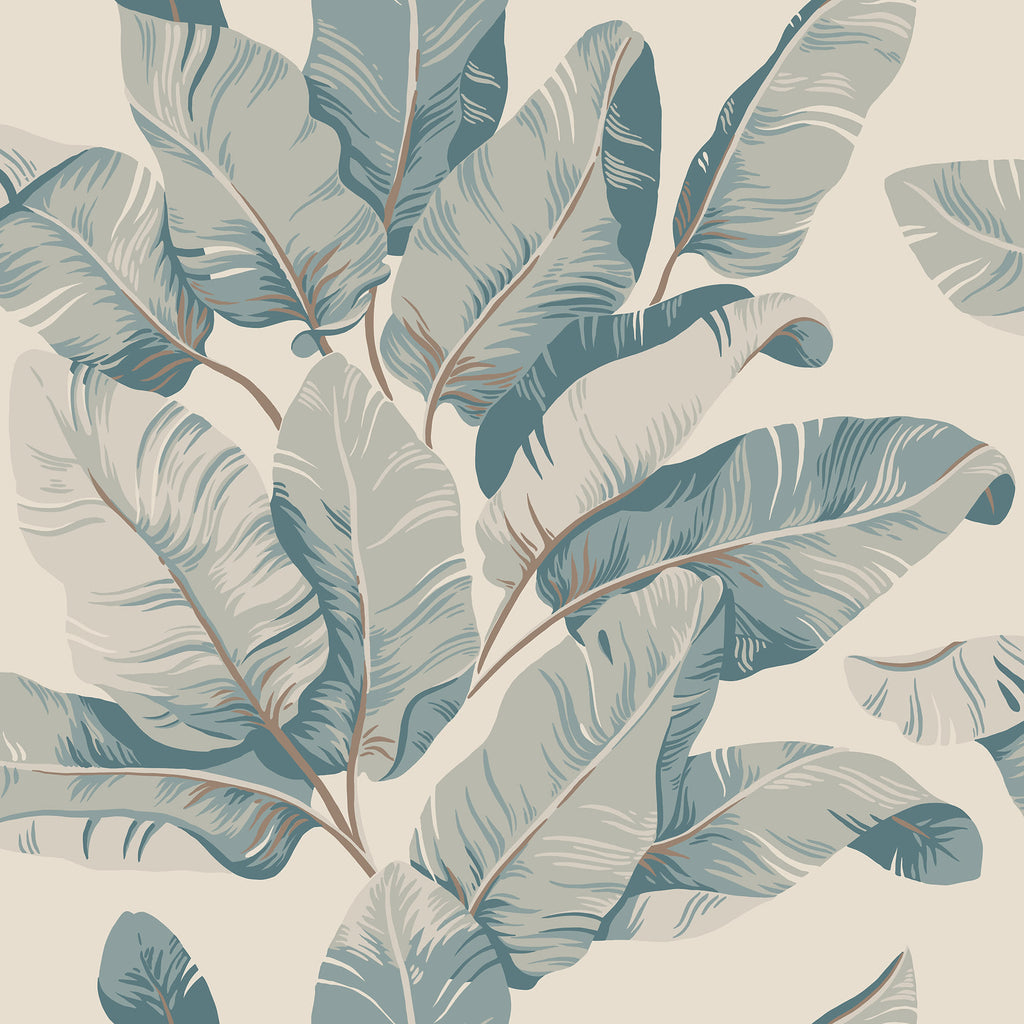 Tom Palms wallpaper by Sandberg in dusty blue-grey banana leaves on cream, flat swatch close-up