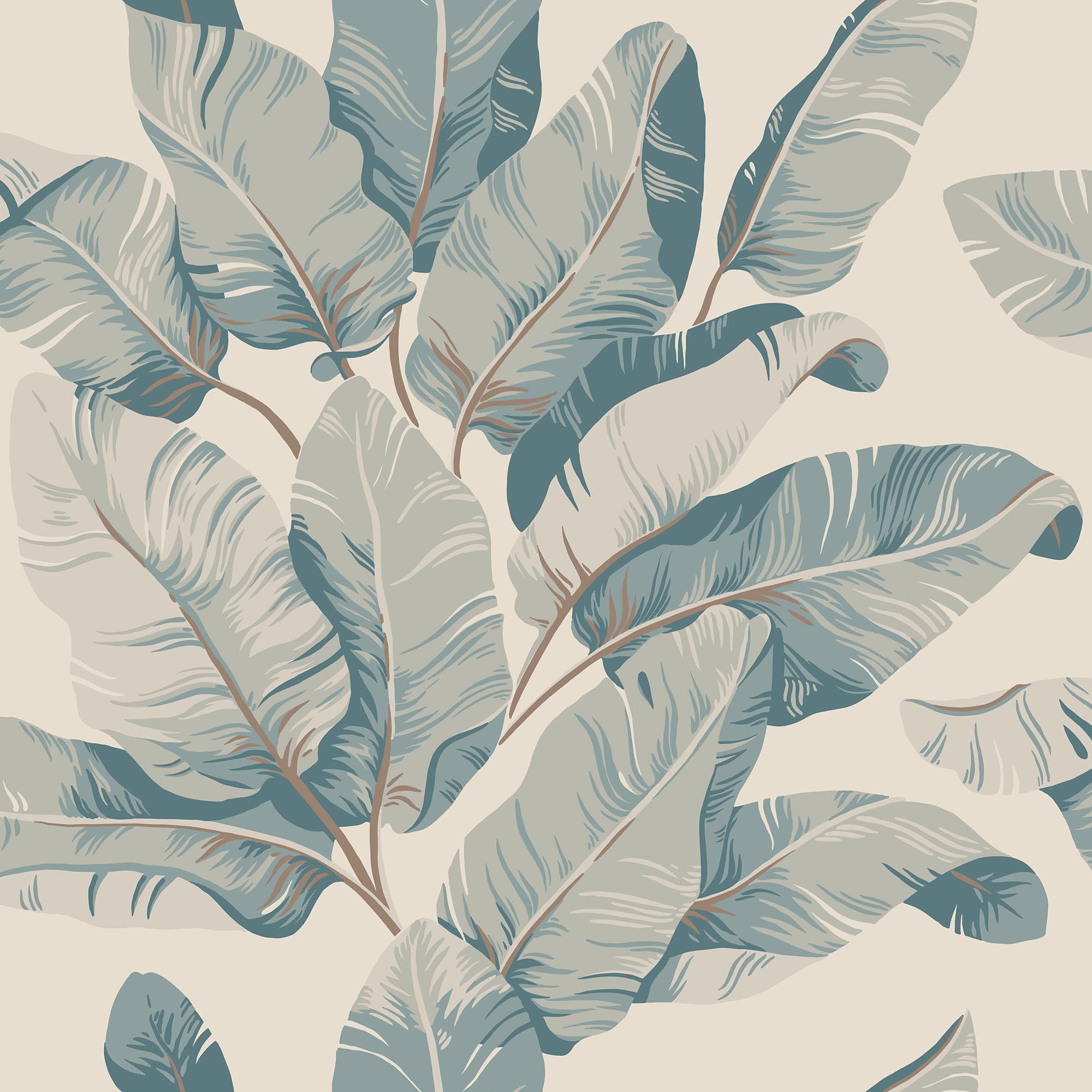 Tom Palms wallpaper by Sandberg in dusty blue-grey banana leaves on cream, flat swatch close-up