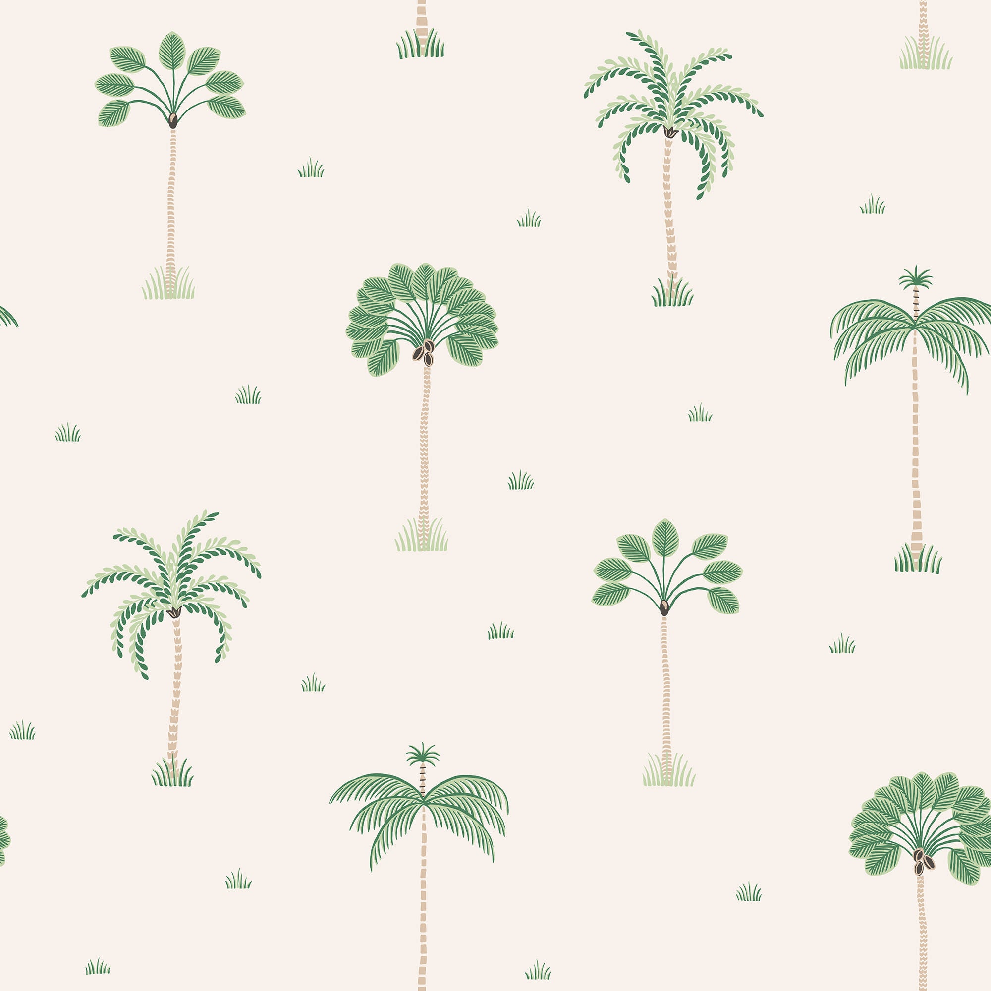 Milo Palms wallpaper by Sandberg, flat swatch of the scattered palm tree motif in green on a soft blush ground