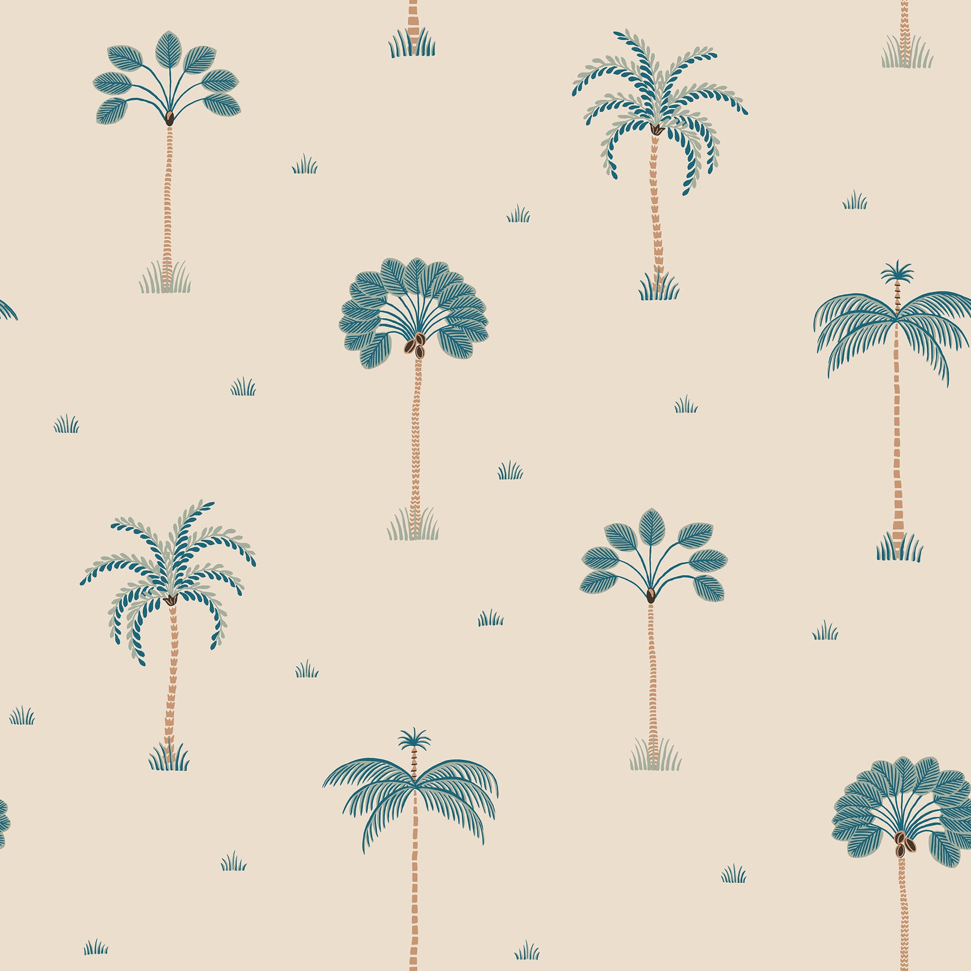 Milo Palms wallpaper by Sandberg, flat swatch of the scattered palm tree motif in teal blue on a cream ground