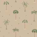 Milo Palms wallpaper by Sandberg, flat swatch of the scattered palm tree motif in green on a warm sand ground
