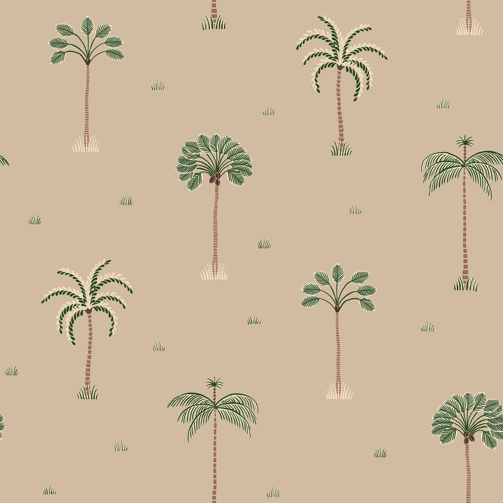 Milo Palms wallpaper by Sandberg, flat swatch of the scattered palm tree motif in green on a warm sand ground