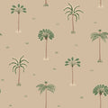 Milo Palms wallpaper by Sandberg, flat swatch of the scattered palm tree motif in green on a warm sand ground