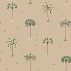 Milo Palms wallpaper by Sandberg, flat swatch of the scattered palm tree motif in green on a warm sand ground