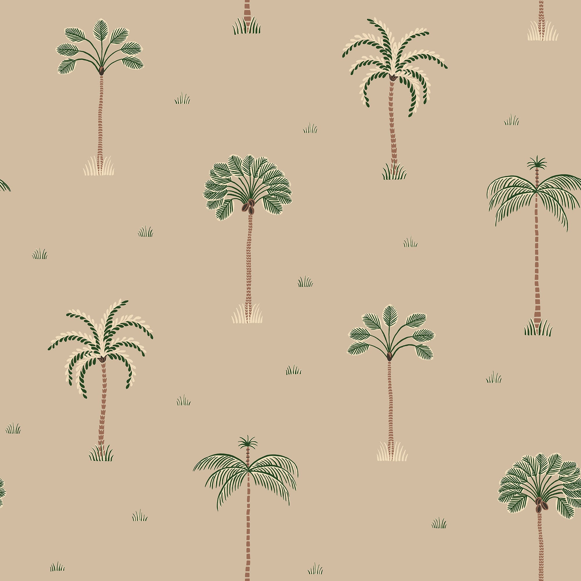 Milo Palms wallpaper by Sandberg, flat swatch of the scattered palm tree motif in green on a warm sand ground