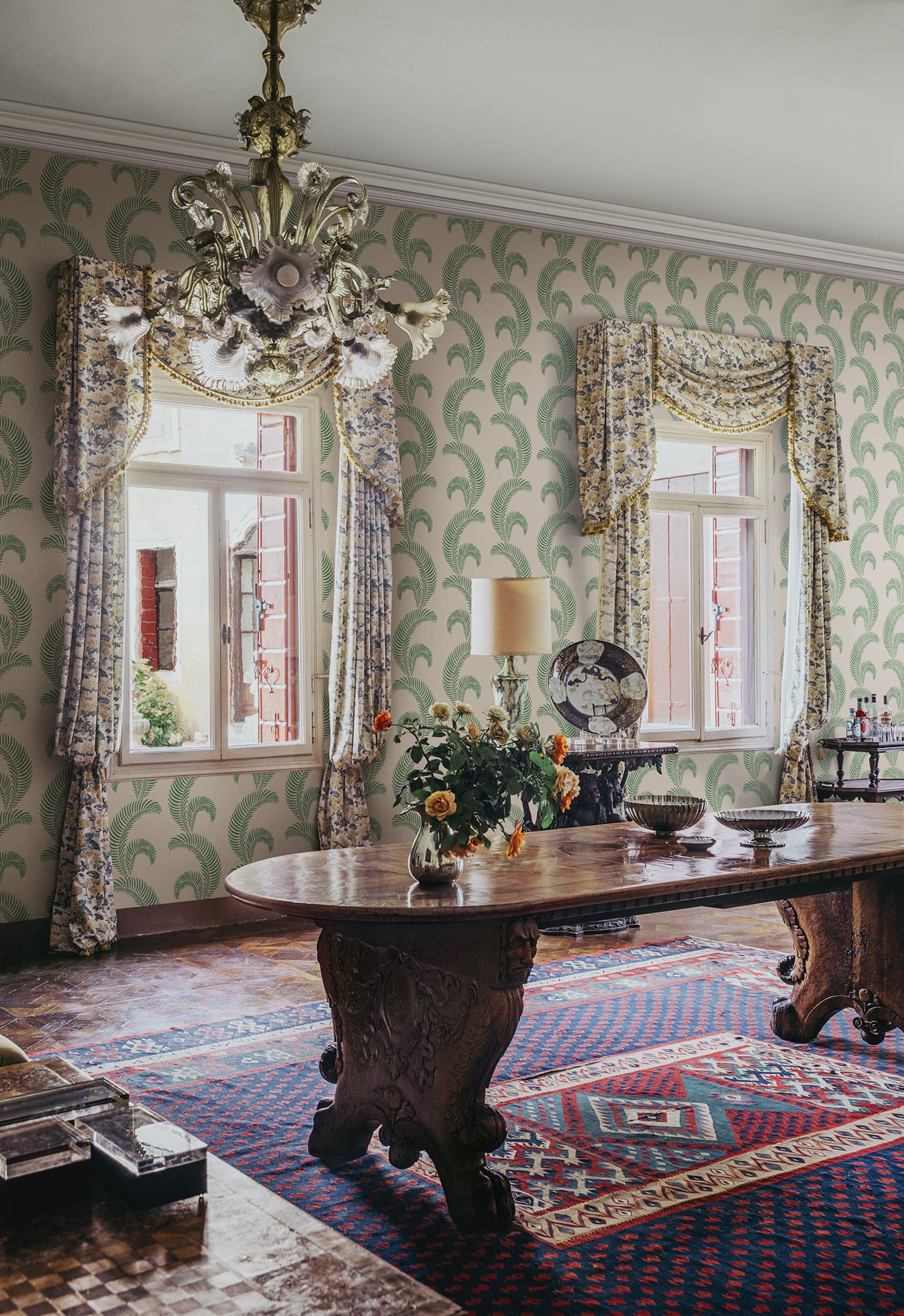 Jasmine wallpaper by Sandberg in Garden Green, styled on an interior wall