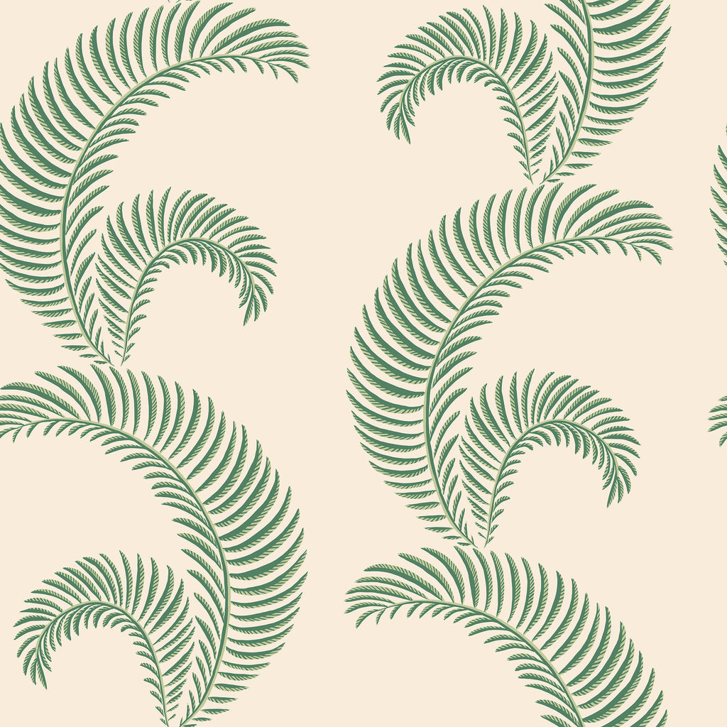Jasmine wallpaper by Sandberg, scrolling green fern fronds on a soft cream ground, flat swatch