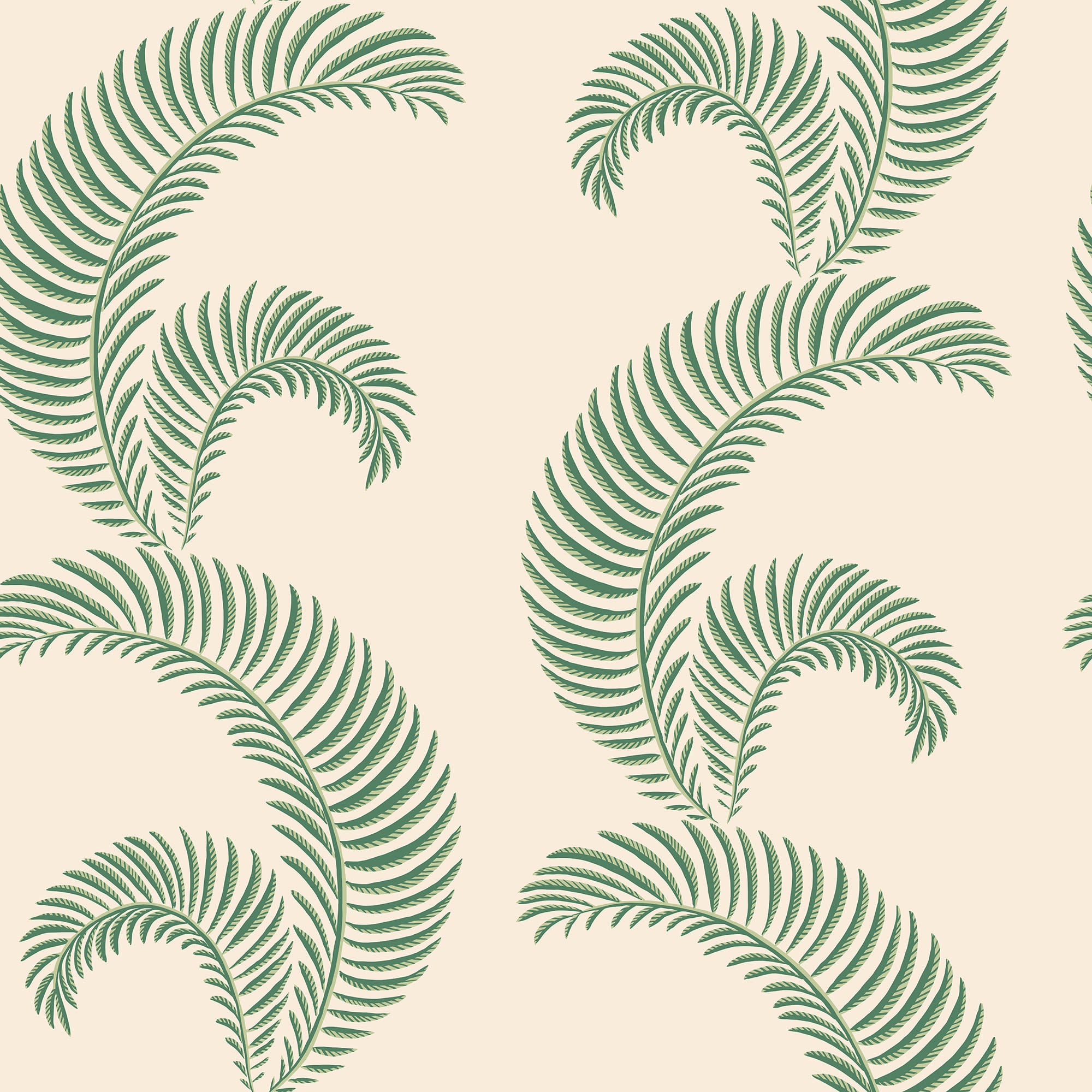 Jasmine wallpaper by Sandberg, scrolling green fern fronds on a soft cream ground, flat swatch