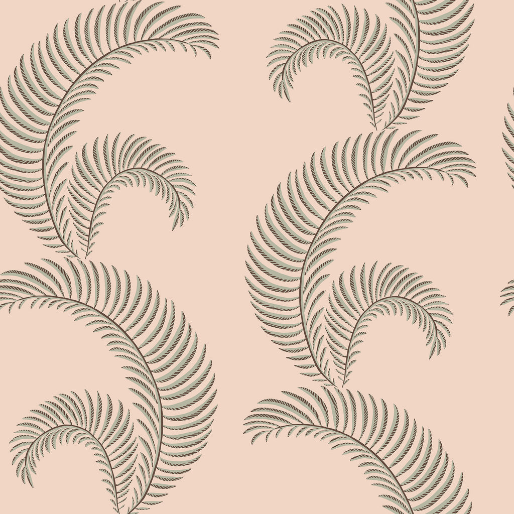 Jasmine wallpaper by Sandberg, fine grey-green fern fronds on a blush pink ground, flat swatch