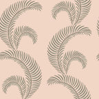 Jasmine wallpaper by Sandberg, fine grey-green fern fronds on a blush pink ground, flat swatch