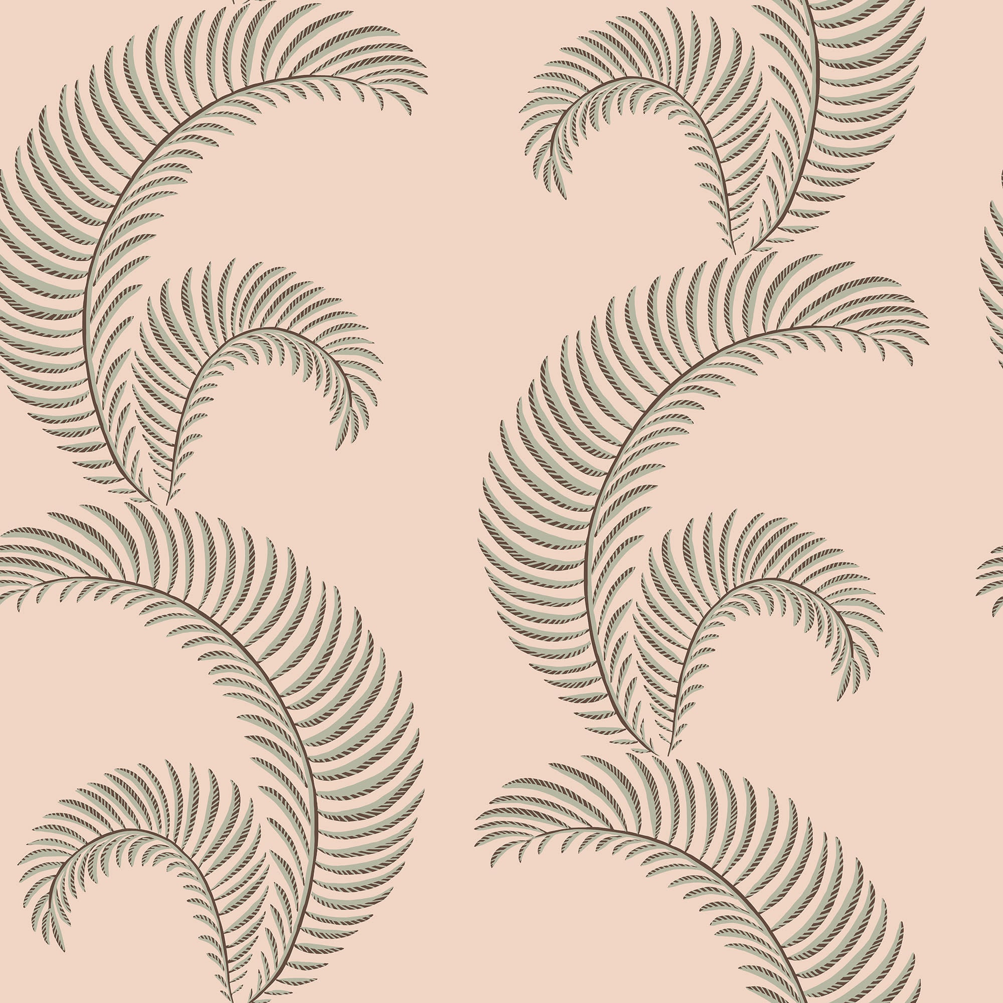 Jasmine wallpaper by Sandberg, fine grey-green fern fronds on a blush pink ground, flat swatch