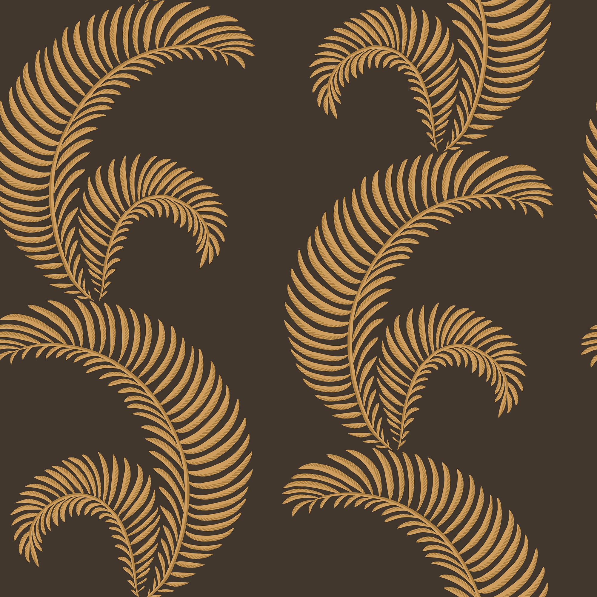 Jasmine wallpaper by Sandberg, large curling golden fern fronds on a dark chocolate brown ground, flat swatch