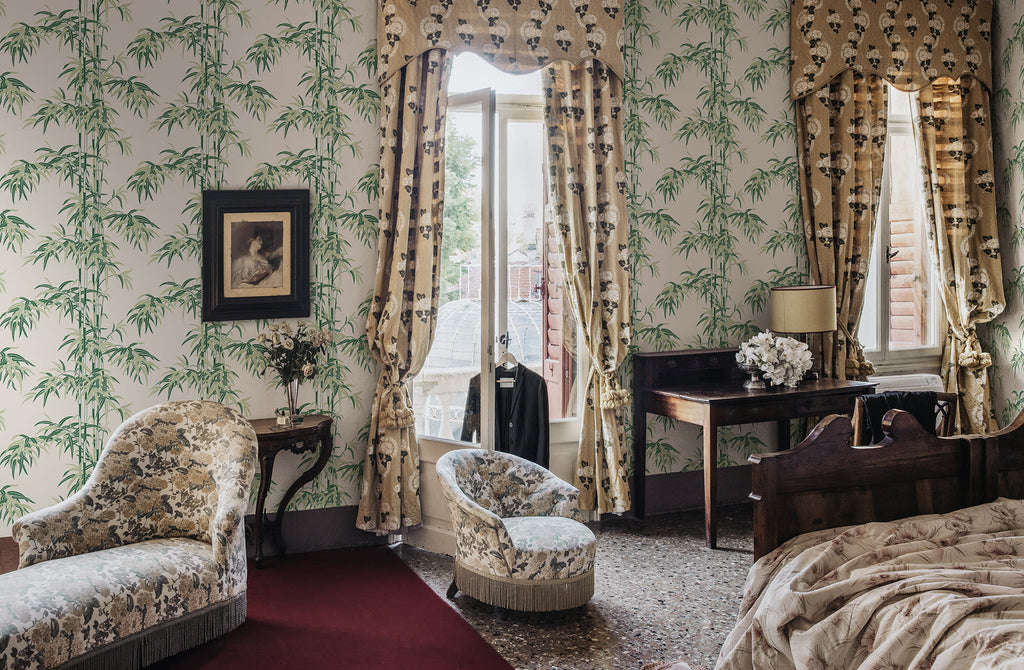 Leon wallpaper by Sandberg in Garden Green, styled on an interior wall