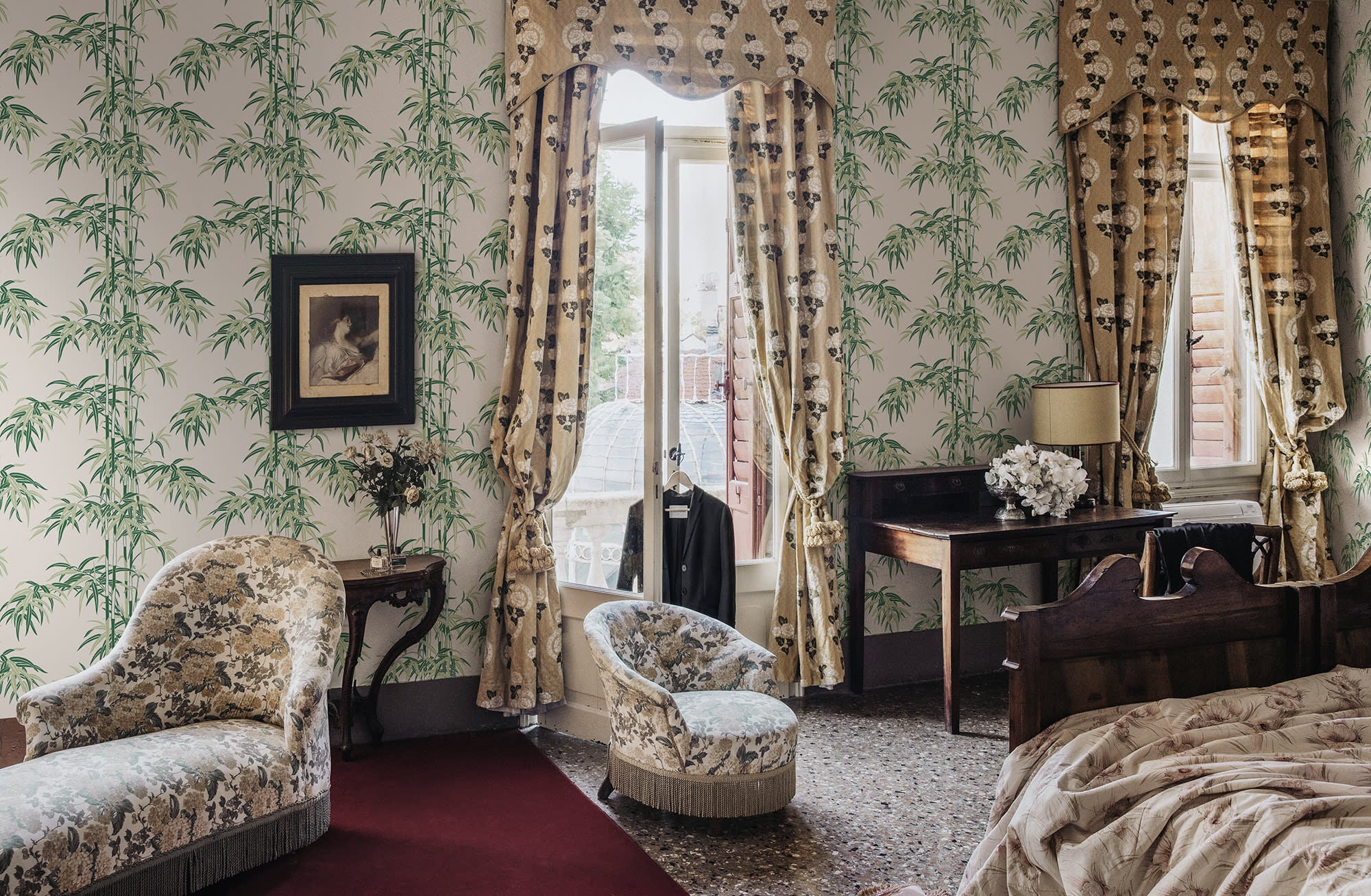 Leon wallpaper by Sandberg in Garden Green, styled on an interior wall