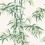 Leon wallpaper by Sandberg, flat swatch of the bamboo design in two-tone green on a soft cream background