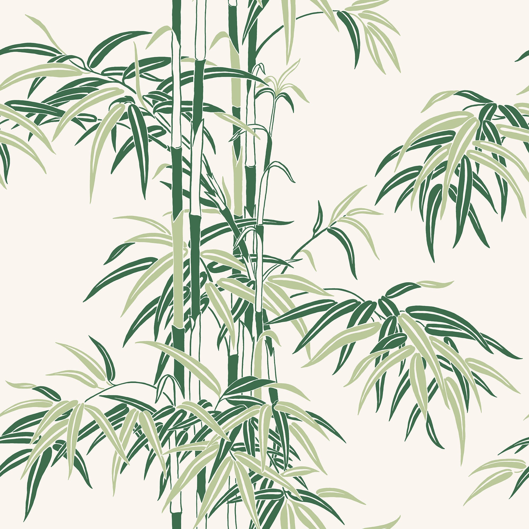 Leon wallpaper by Sandberg, flat swatch of the bamboo design in two-tone green on a soft cream background