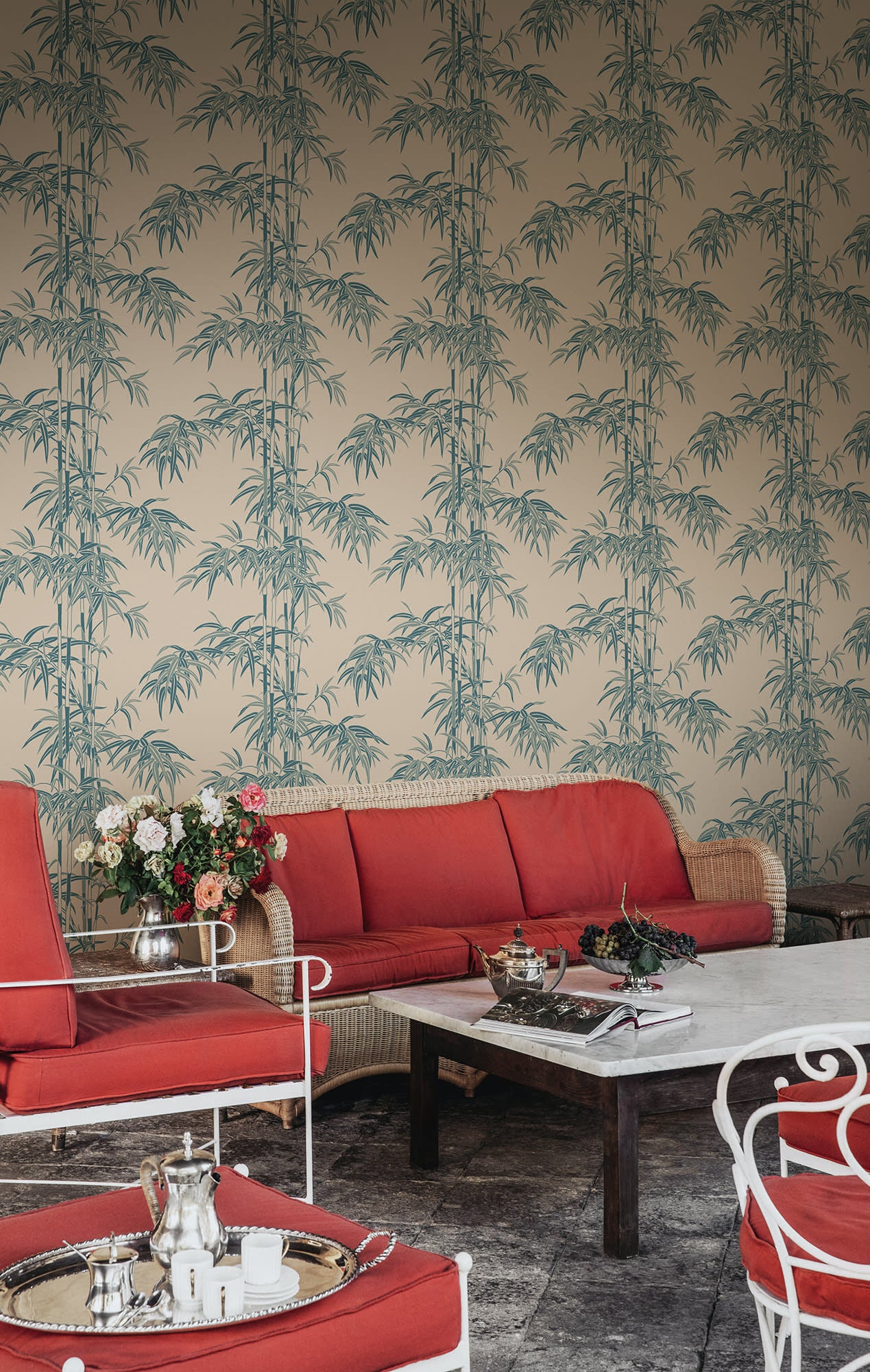 Leon wallpaper by Sandberg in Misty Blue, styled on an interior wall