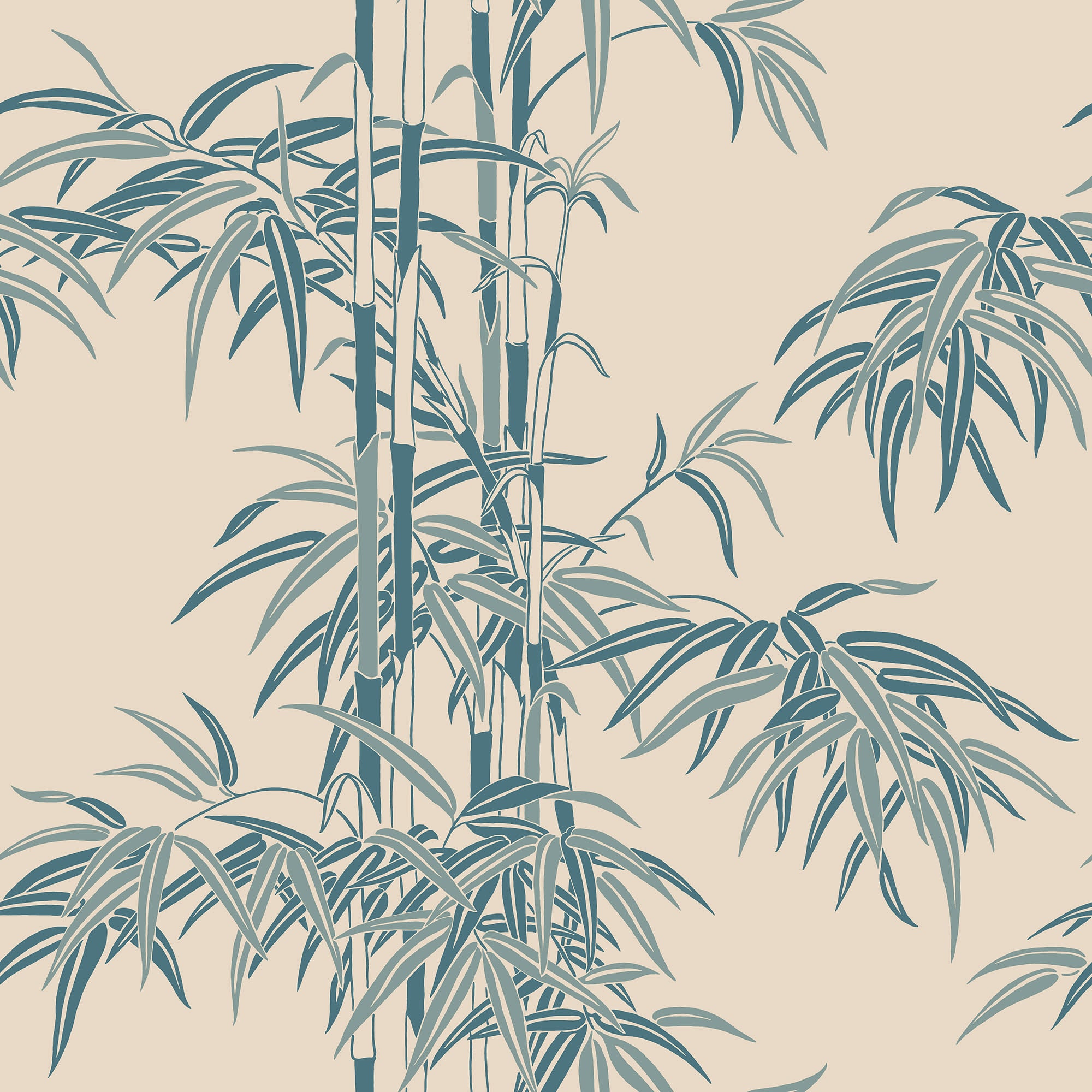 Leon wallpaper by Sandberg, flat swatch of the bamboo design in teal blue on a warm beige background