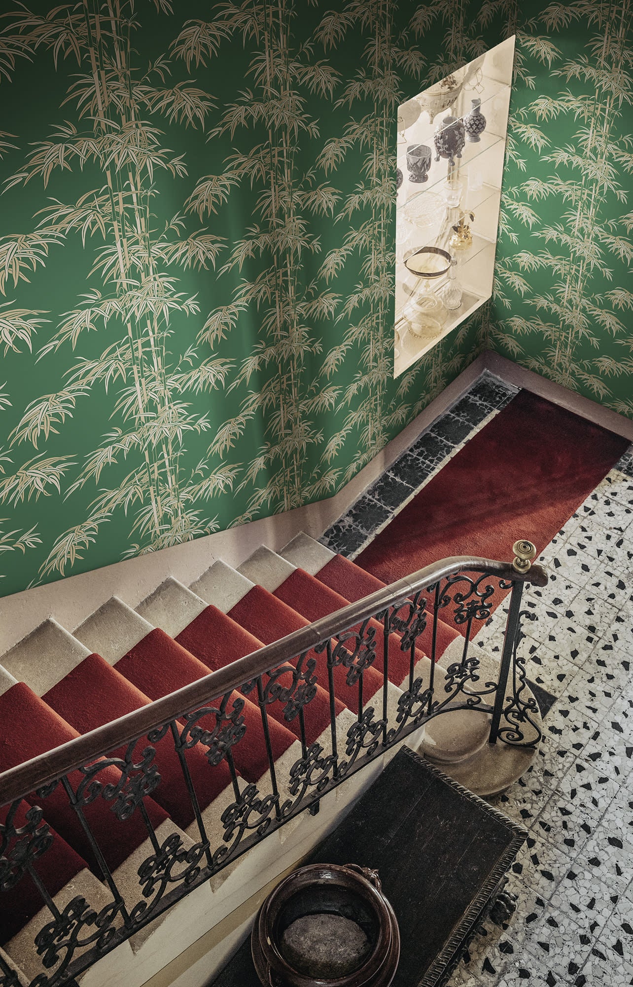 Leon wallpaper by Sandberg in Green, styled on an interior wall